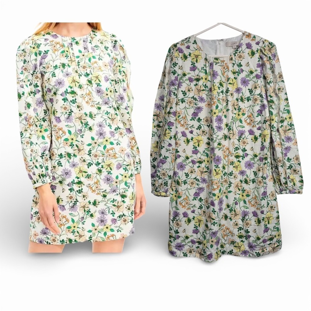 LOFT Women 8 Linen Blend Floral Long Sleeve Shift Dress‎ Whisper White Romantic